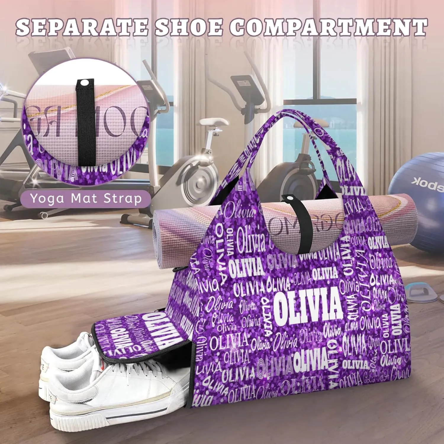 Personalized Yoga Mat Bag with Shoe Compartment, Custom Names Travel Tote Sport Gym Pilates Duffel Bag for Women