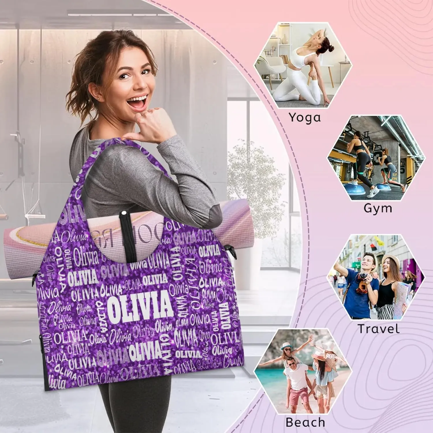 Personalized Yoga Mat Bag with Shoe Compartment, Custom Names Travel Tote Sport Gym Pilates Duffel Bag for Women