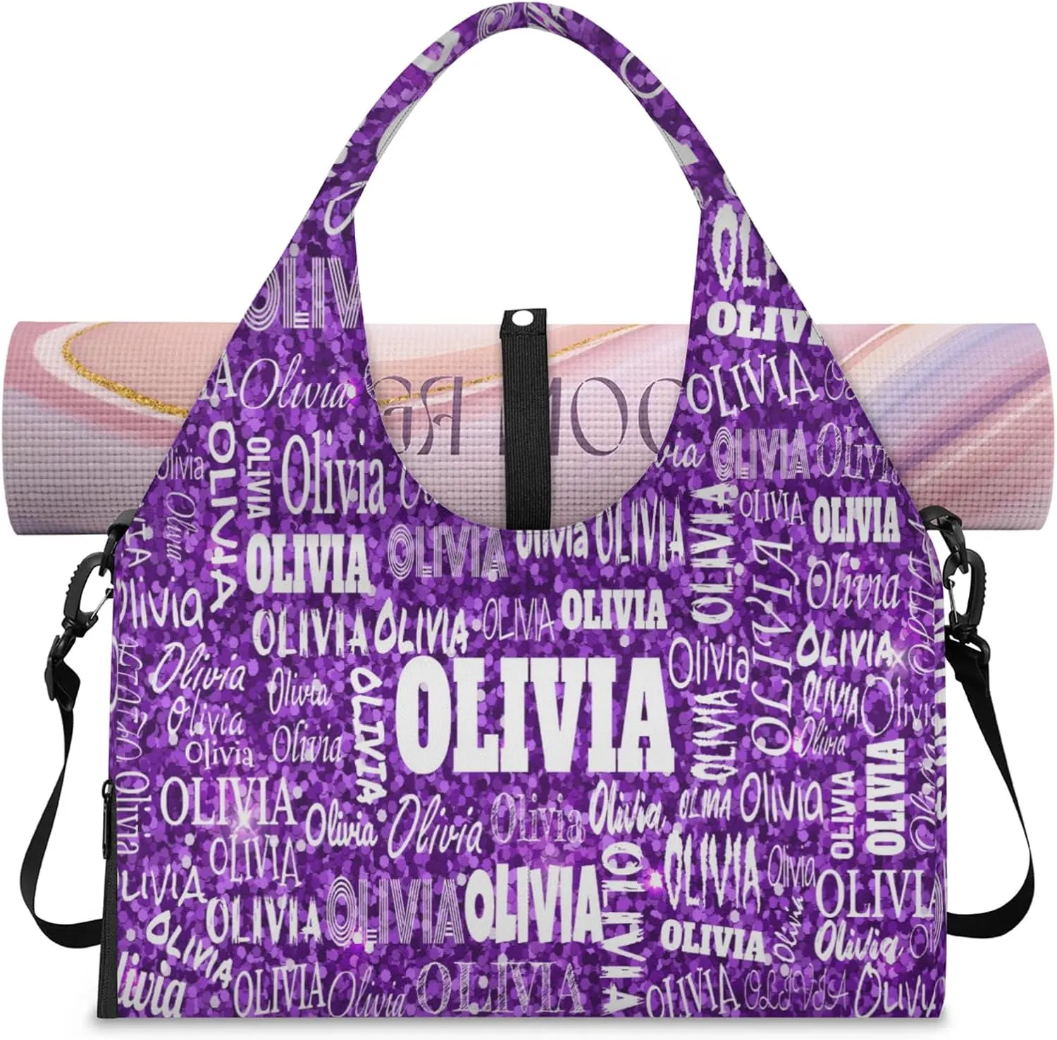 Personalized Yoga Mat Bag with Shoe Compartment, Custom Names Travel Tote Sport Gym Pilates Duffel Bag for Women