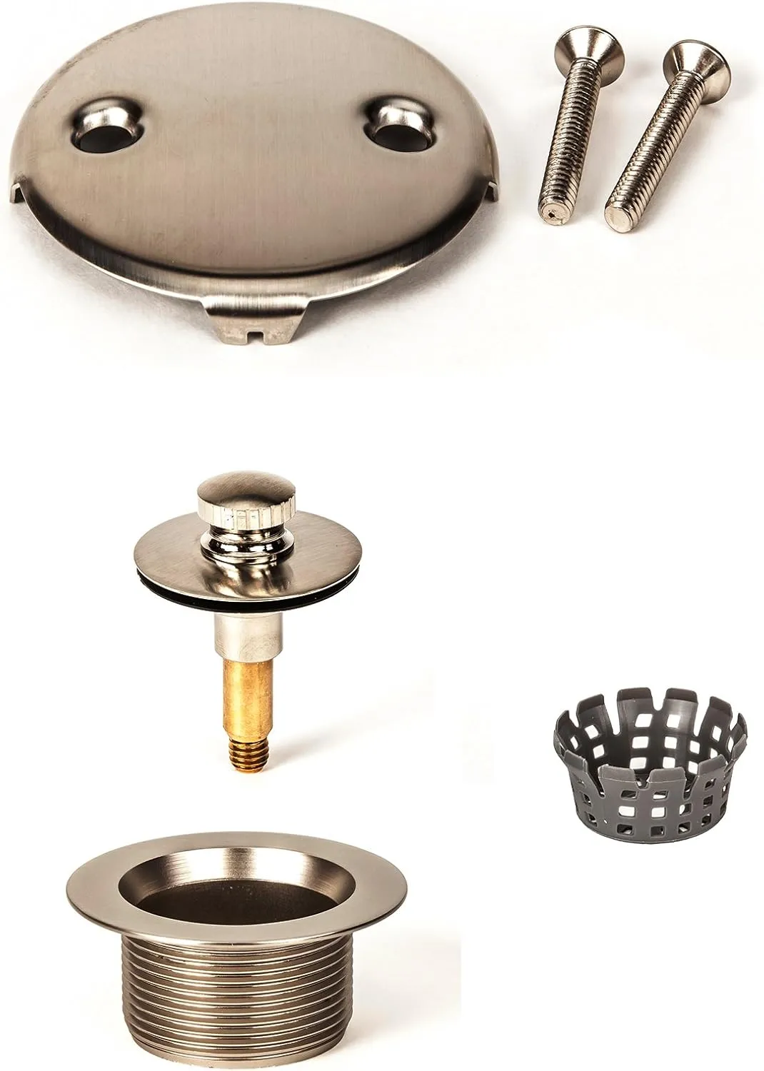 PF WaterWorks PF0969-BN Lift Lock (Push Pull) Bath Tub Drain Assembly (Coarse Drain 11.5 TPI   Stopper   Two (2) Hole Face Plate - FREE Hair Catcher/Strainer - Eliminate Clogs Brushed Nickel