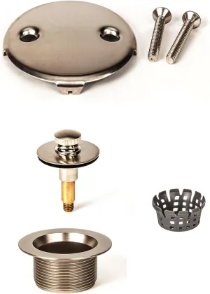 PF WaterWorks PF0969-BN Lift Lock (Push Pull) Bath Tub Drain Assembly (Coarse Drain 11.5 TPI   Stopper   Two (2) Hole Face Plate - FREE Hair Catcher/Strainer - Eliminate Clogs Brushed Nickel
