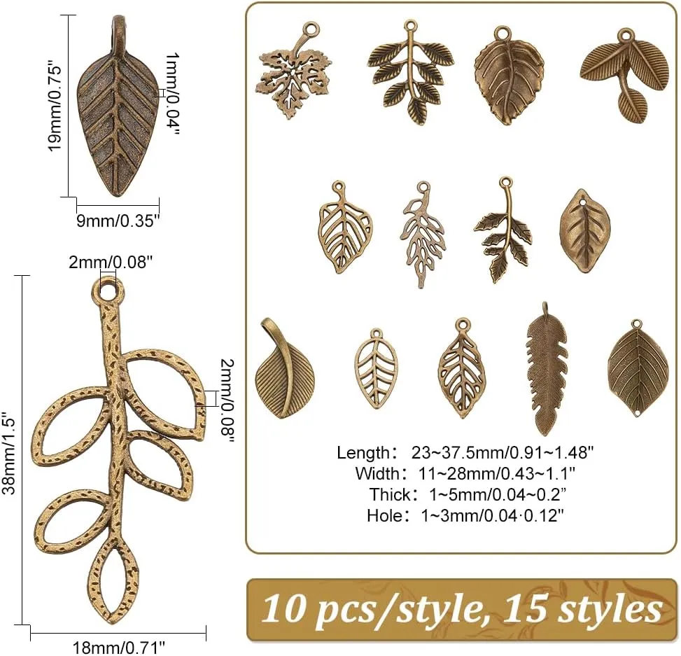 PH PandaHall 150pcs 15 Styles Tree Leaf Charms Pendants, Tibetan Branch Leaves Charms Metal Alloy Leaf Beads Antique Bronze Dangle Charm for Spring Earring Bracelet Necklace Kaychain Jewelry Making