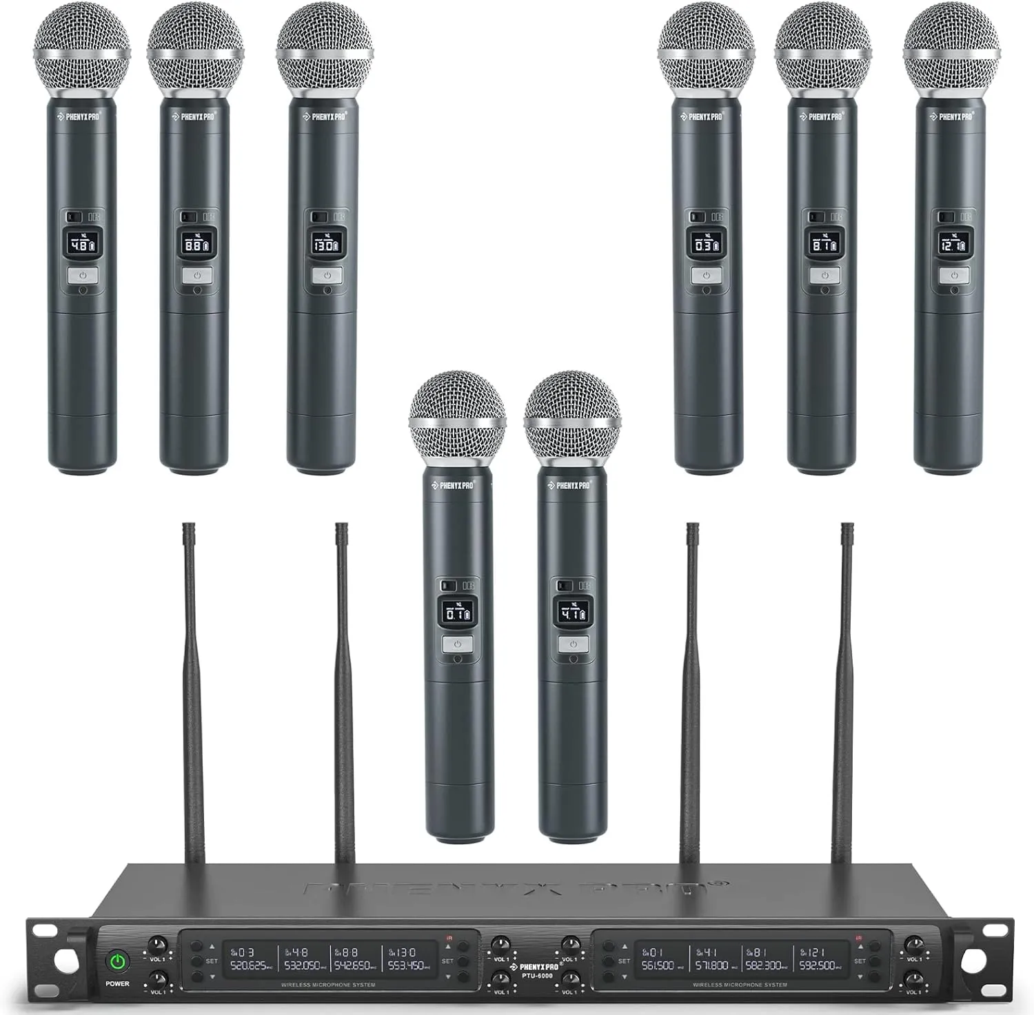 Phenyx Pro Wireless Microphone System, 8-Channel Wireless Mic, w/ 8 Handheld Dynamic Microphones, Auto Scan,8x40 UHF Frequencies, 328ft Range, Mics for Singing,Church, Karaoke(PTU-6000-8H)