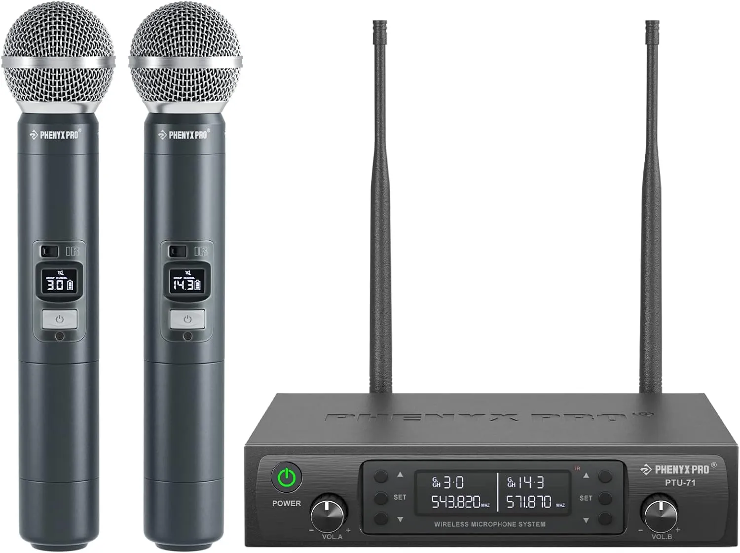 Phenyx Pro Wireless Microphone System, Dual Wireless Mics,w/ 2 Handhelds, Auto Scan,2x100 UHF Frequencies,328ft Range,Dynamic Microphone for Singing, Karaoke, Church(PTU-71-2H)