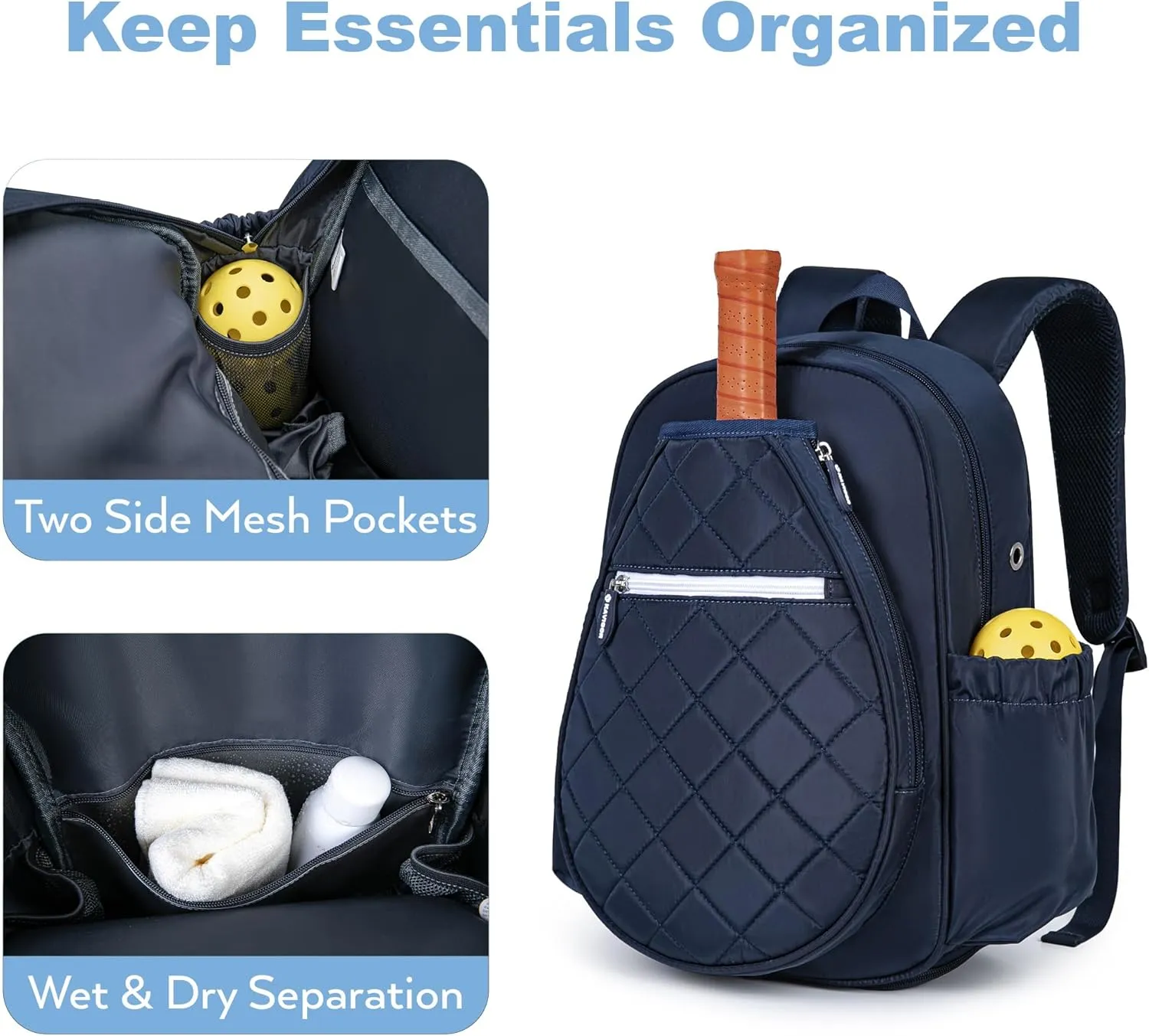 Pickleball Bag, Quilted Pickleball Backpack with Shoe Compartment & Waterproof Pocket, Pickle Ball Paddle Bag Fits 2 to 4 Paddles for Women and Men