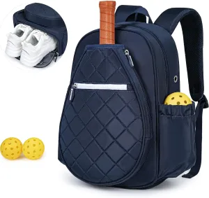 Pickleball Bag, Quilted Pickleball Backpack with Shoe Compartment & Waterproof Pocket, Pickle Ball Paddle Bag Fits 2 to 4 Paddles for Women and Men