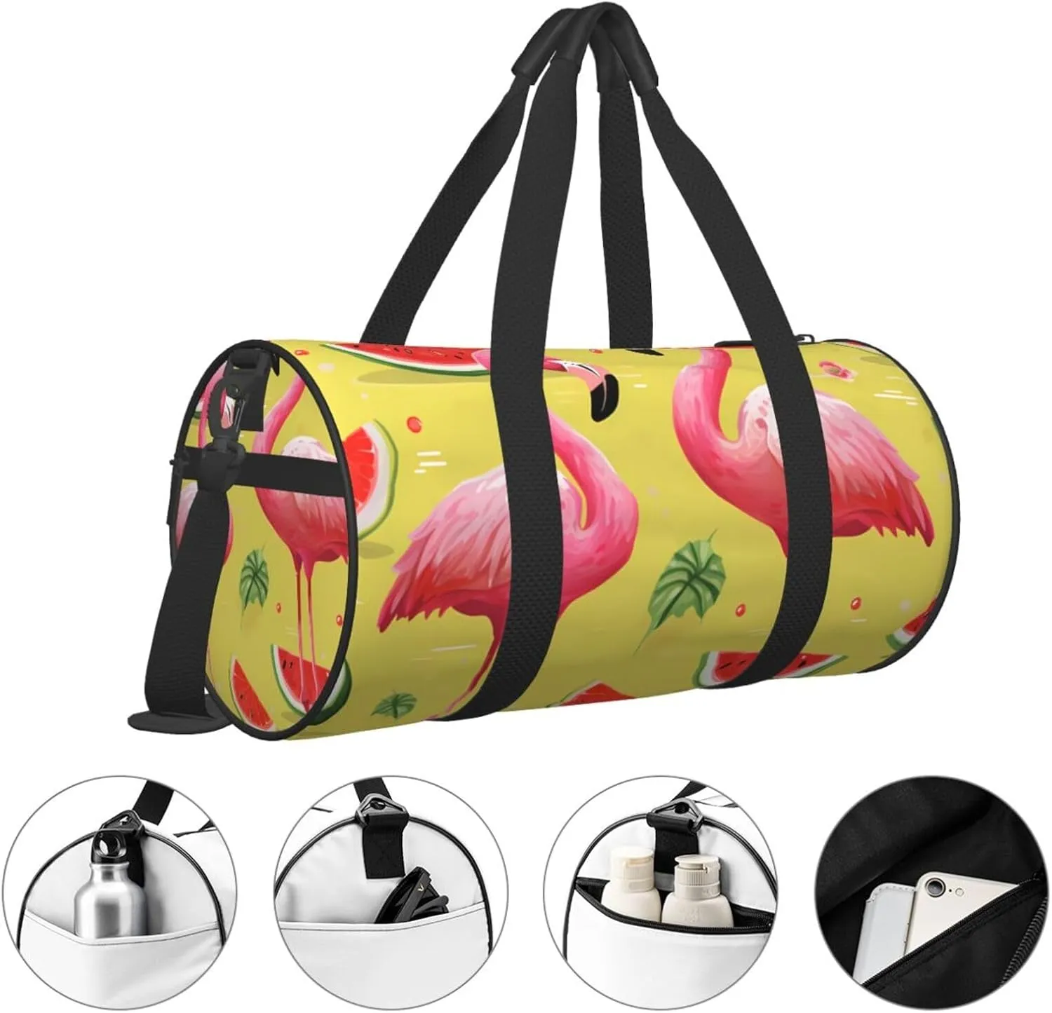 Pink flamingo and watermelon Travel Duffle Bag for Men Women Sport Gym Bag Foldable Weekender Bag Carry on Overnight Bag for Travel Swimming Basketball