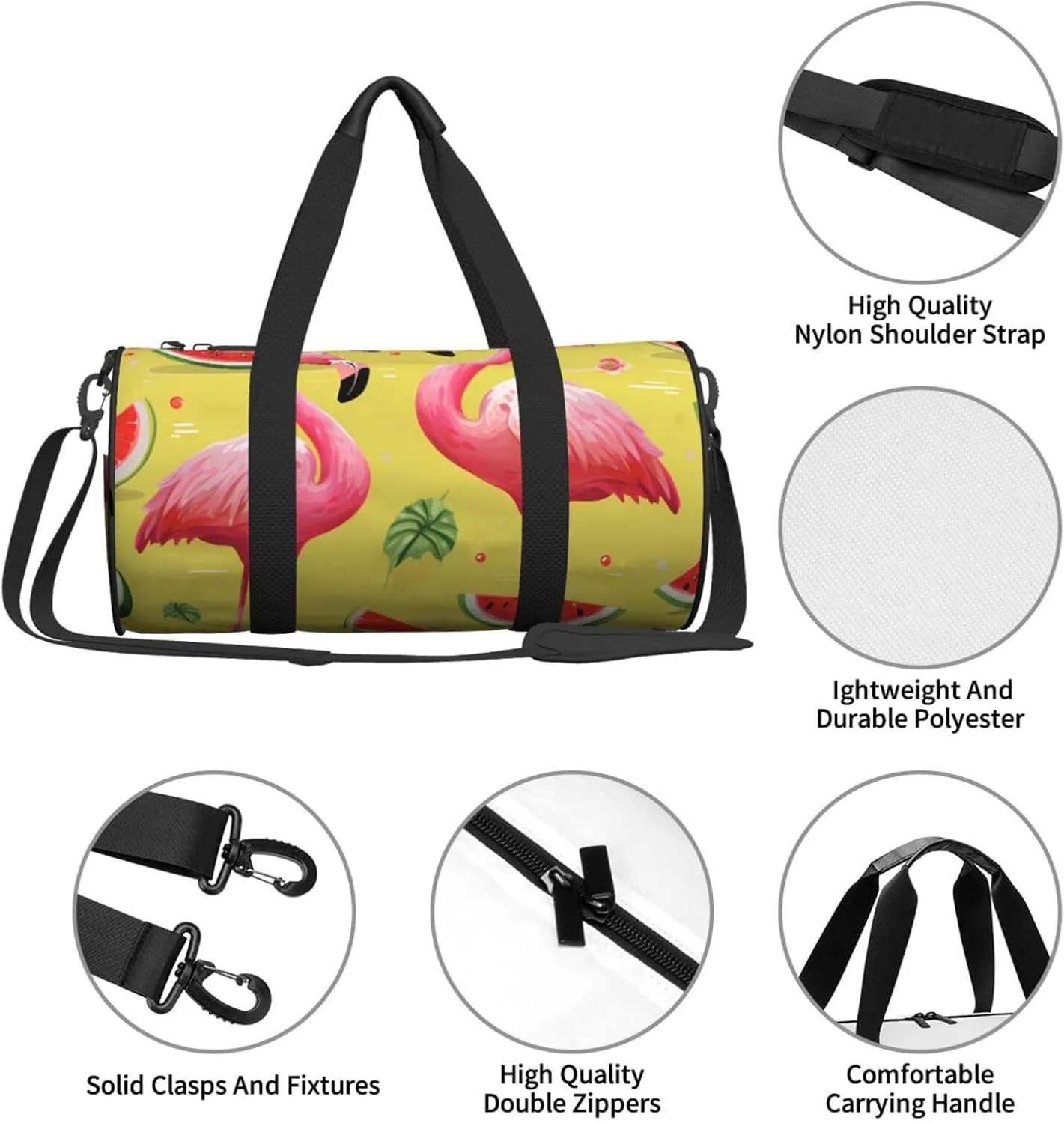 Pink flamingo and watermelon Travel Duffle Bag for Men Women Sport Gym Bag Foldable Weekender Bag Carry on Overnight Bag for Travel Swimming Basketball