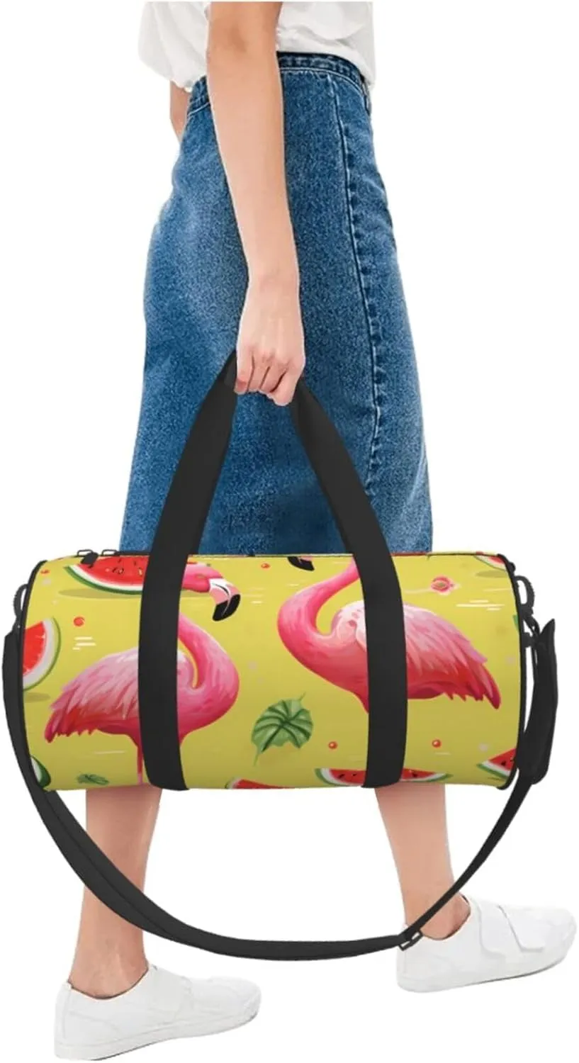 Pink flamingo and watermelon Travel Duffle Bag for Men Women Sport Gym Bag Foldable Weekender Bag Carry on Overnight Bag for Travel Swimming Basketball