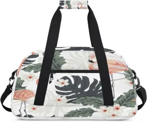 Pink Flamingos Gym Duffel Bag for Men Women Palm Leaves Flowers Sports Tote Bag with Adjustable Shoulder Strap for Dance Gymnastics Traveling Outdoor Camping Overnight Stay