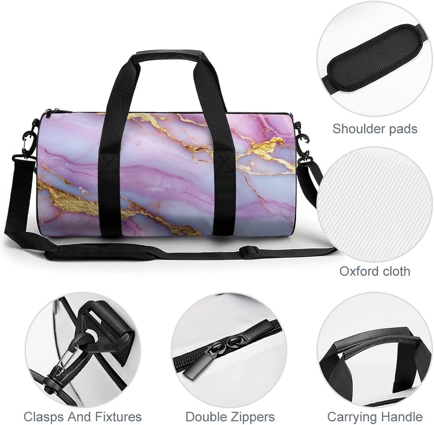Pink Golden Veins Marble Texture Travel Gym Bag for Women Men Cylindrical Duffle Bag Sport Workout Bag with Shoulder Strap