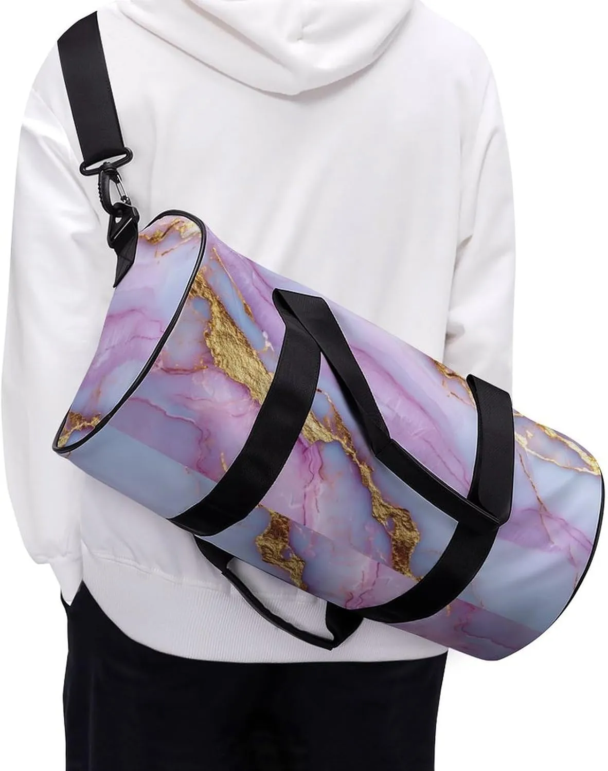Pink Golden Veins Marble Texture Travel Gym Bag for Women Men Cylindrical Duffle Bag Sport Workout Bag with Shoulder Strap