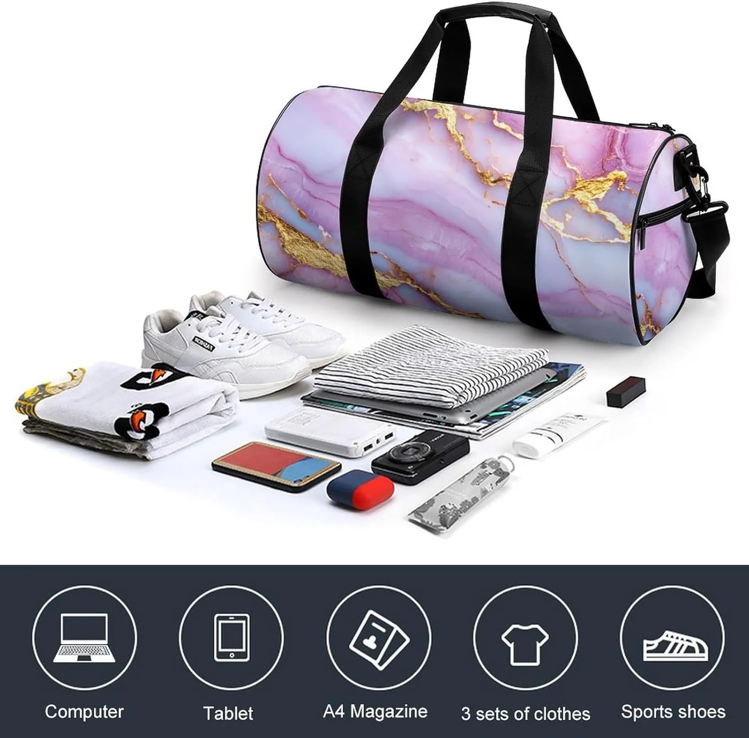 Pink Golden Veins Marble Texture Travel Gym Bag for Women Men Cylindrical Duffle Bag Sport Workout Bag with Shoulder Strap