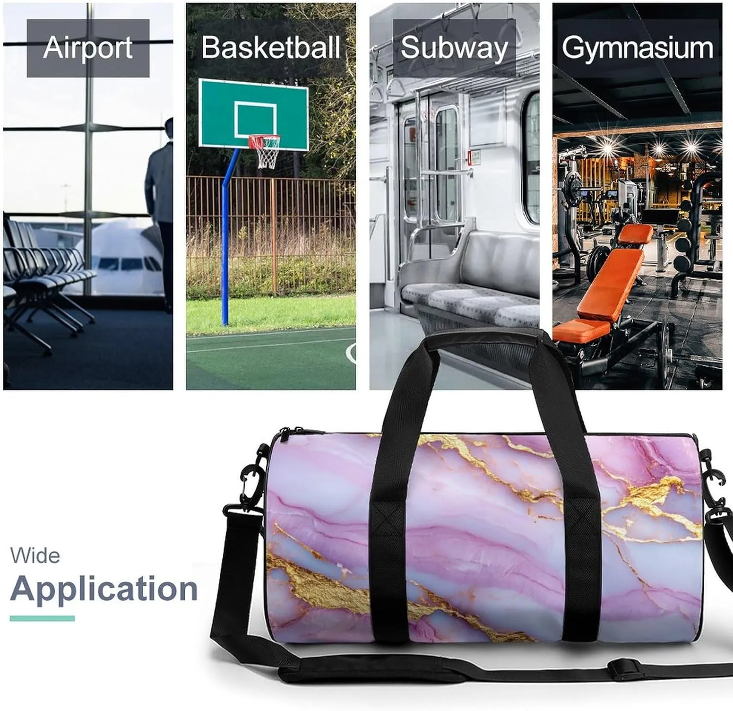Pink Golden Veins Marble Texture Travel Gym Bag for Women Men Cylindrical Duffle Bag Sport Workout Bag with Shoulder Strap