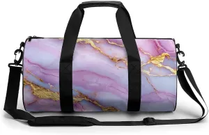 Pink Golden Veins Marble Texture Travel Gym Bag for Women Men Cylindrical Duffle Bag Sport Workout Bag with Shoulder Strap