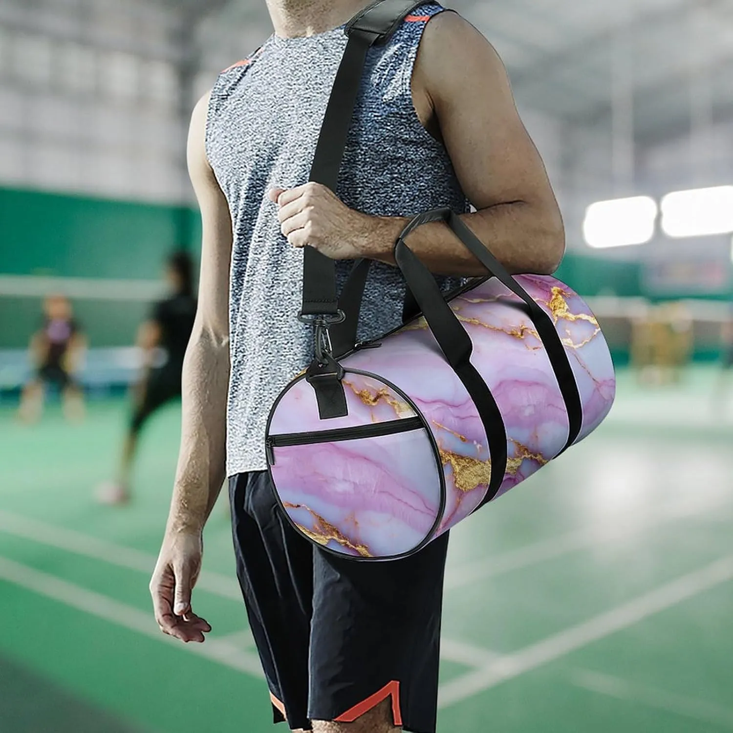 Pink Golden Veins Marble Texture Travel Gym Bag for Women Men Cylindrical Duffle Bag Sport Workout Bag with Shoulder Strap