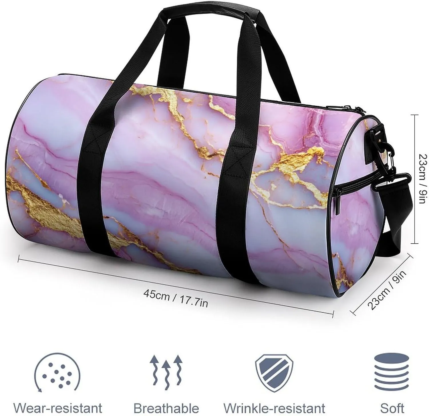 Pink Golden Veins Marble Texture Travel Gym Bag for Women Men Cylindrical Duffle Bag Sport Workout Bag with Shoulder Strap