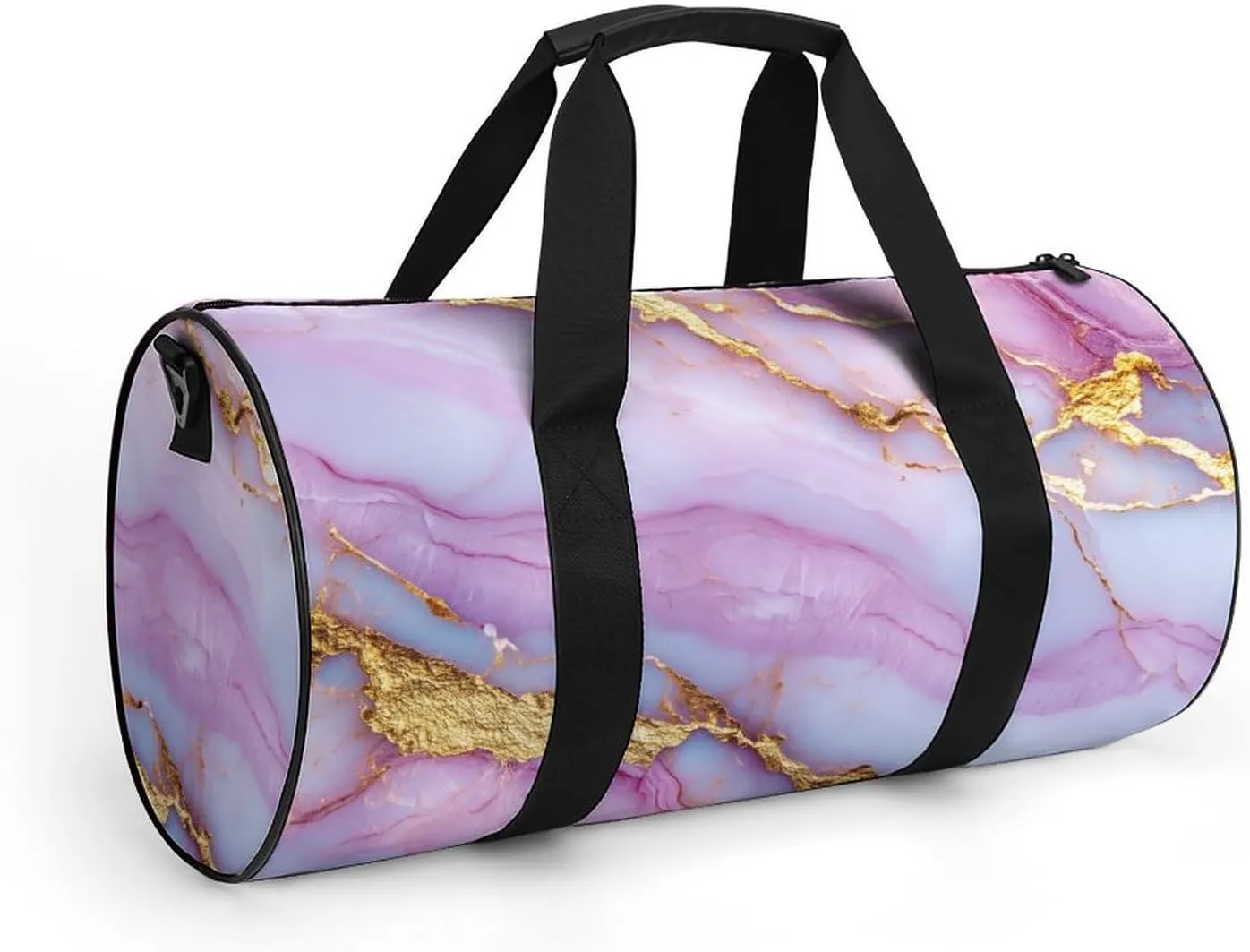 Pink Golden Veins Marble Texture Travel Gym Bag for Women Men Cylindrical Duffle Bag Sport Workout Bag with Shoulder Strap