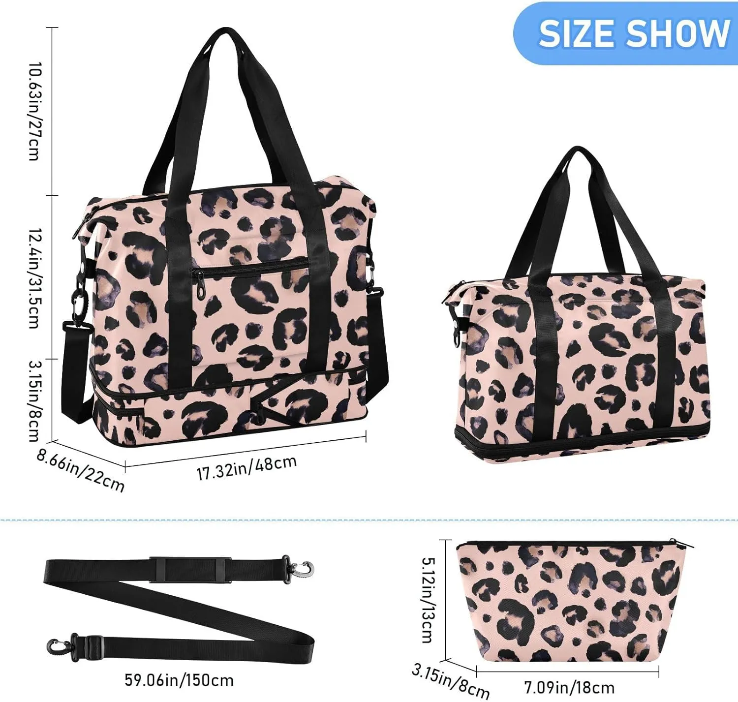 Pink Leopard Travel Duffel Bag for Women Men Gym Bag with Shoe Compartment Wet Pocket Carry On Weekender Overnight Bags for Traveling Gym Workout