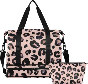 Pink Leopard Travel Duffel Bag for Women Men Gym Bag with Shoe Compartment Wet Pocket Carry On Weekender Overnight Bags for Traveling Gym Workout