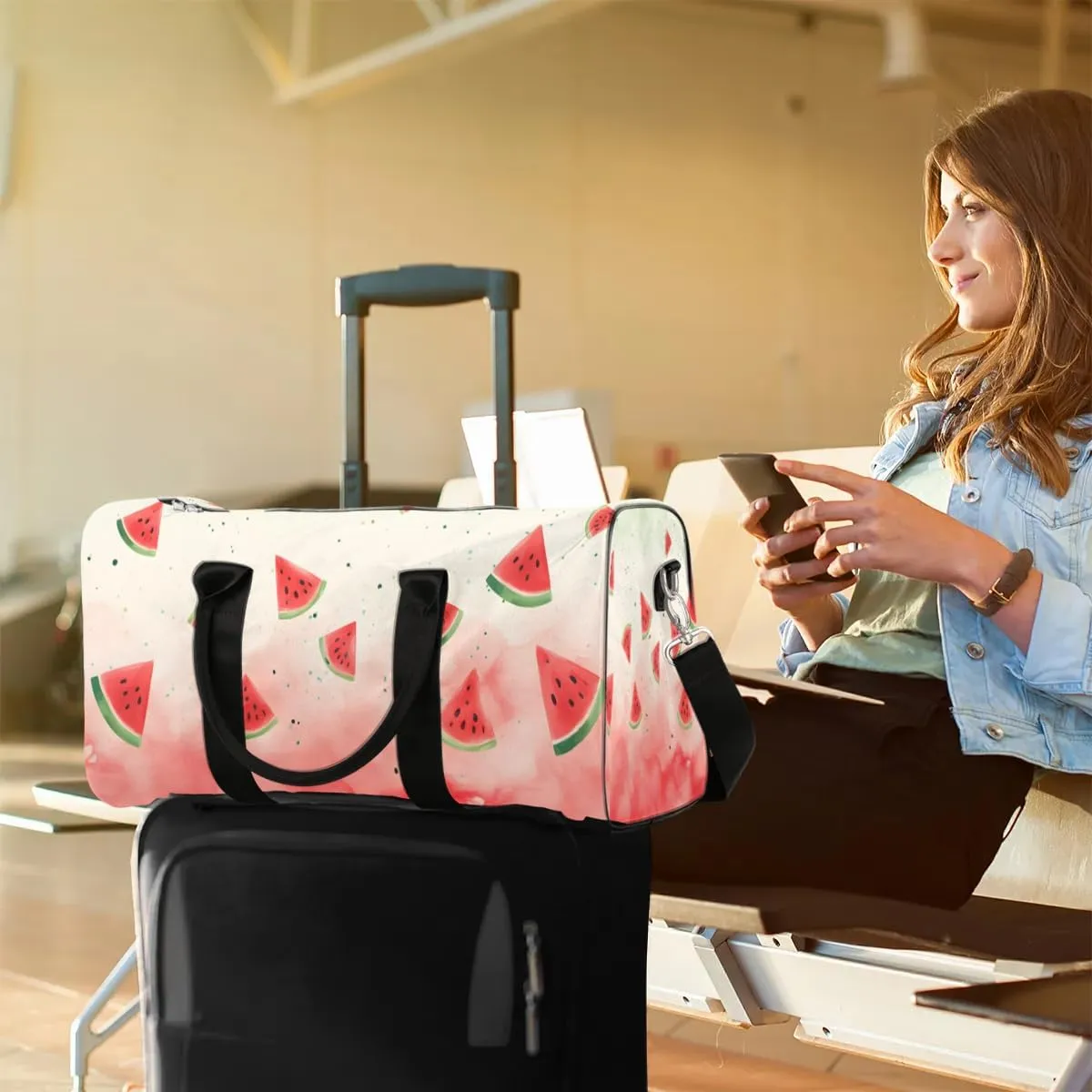 Pink Watermelon Fruit Travel Duffel Bag for Women Men Waterproof Foldable Overnight Weekender Bag Large Capacity Sports Gym Bag
