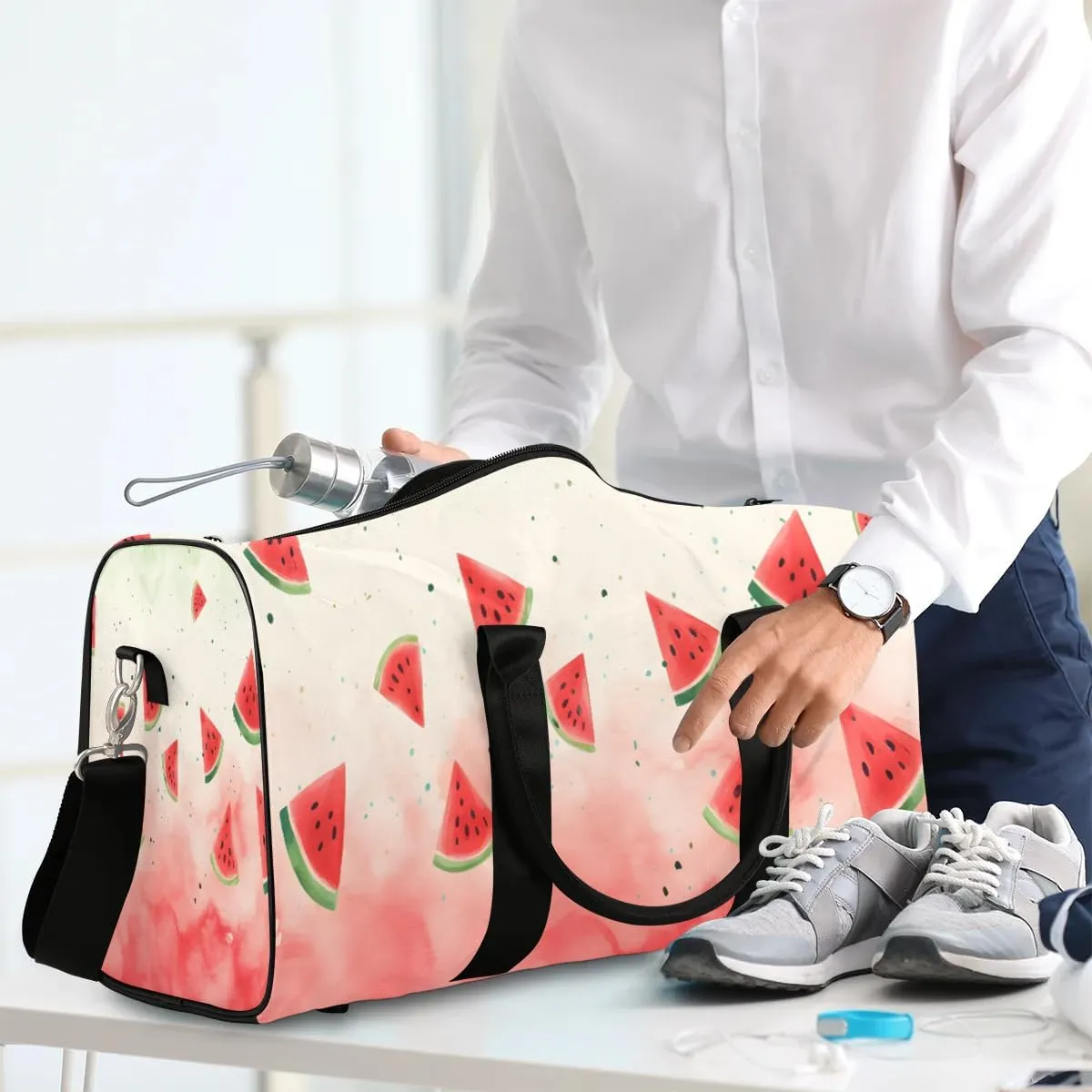 Pink Watermelon Fruit Travel Duffel Bag for Women Men Waterproof Foldable Overnight Weekender Bag Large Capacity Sports Gym Bag
