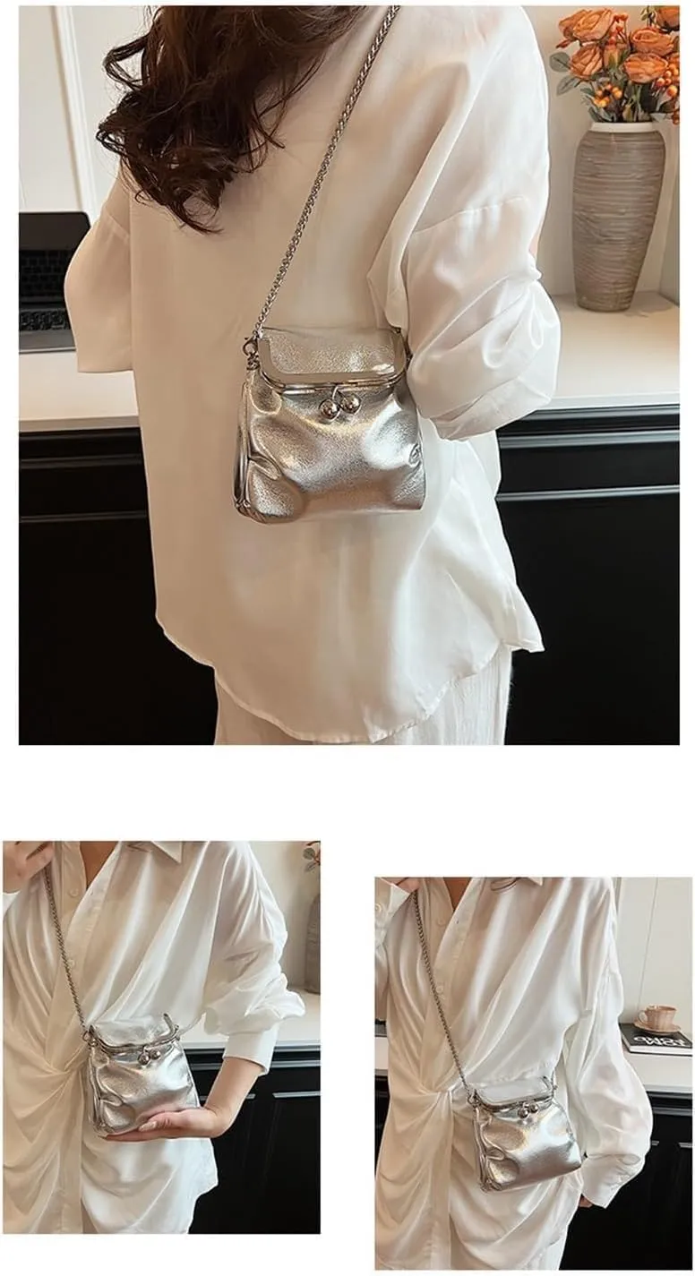 Pleated Shoulder Chain Crossbody bag, Clip Buckle Small Square Bag,shoulder bag (Silver)