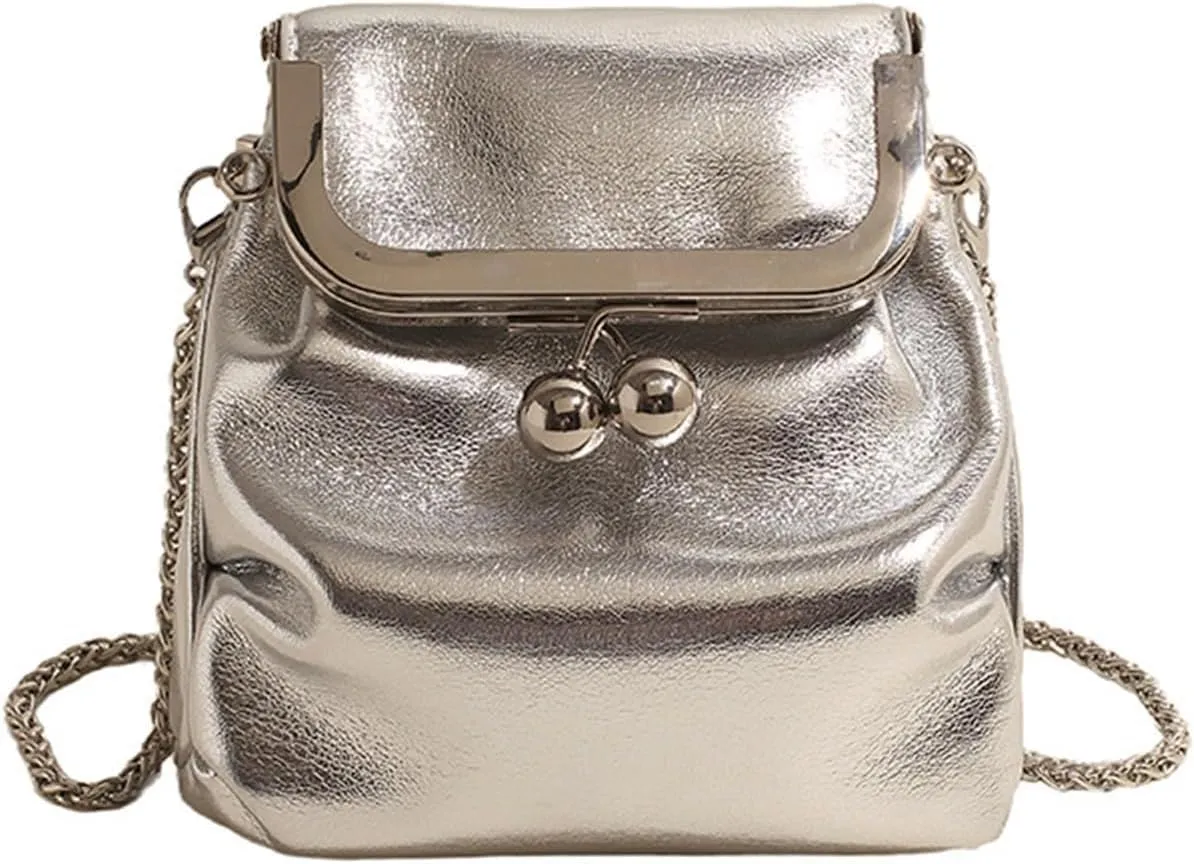 Pleated Shoulder Chain Crossbody bag, Clip Buckle Small Square Bag,shoulder bag (Silver)