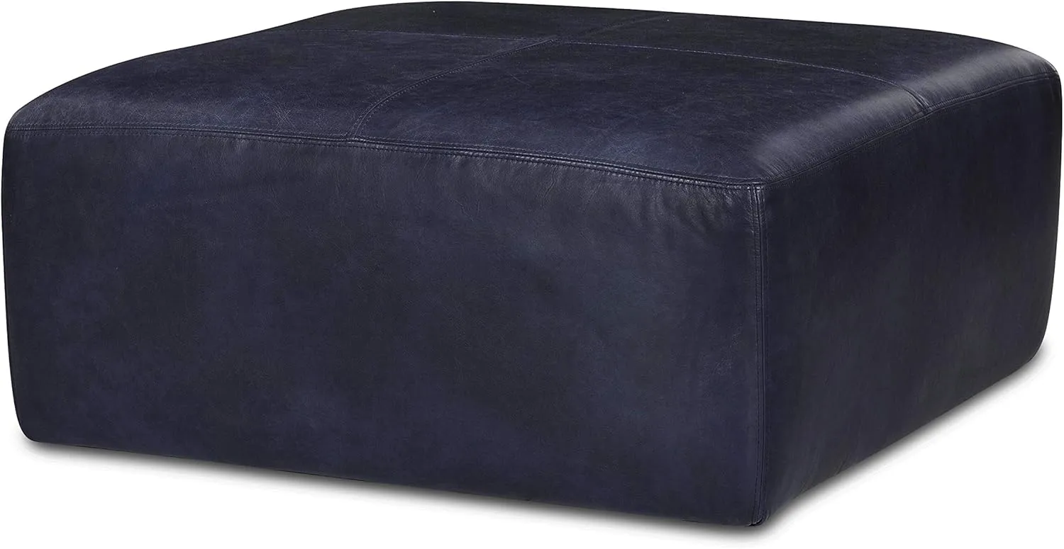 POLY & BARK Sequoia Ottoman in Full-Grain Semi-Aniline Italian Tanned Leather in Midnight Blue