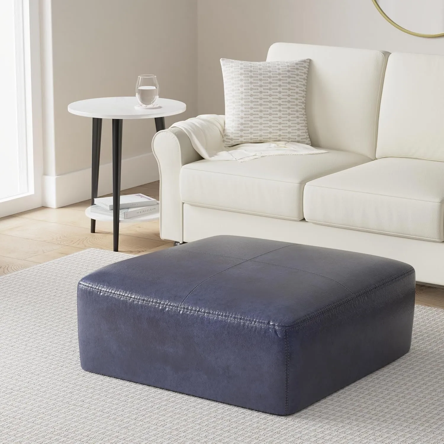 POLY & BARK Sequoia Ottoman in Full-Grain Semi-Aniline Italian Tanned Leather in Midnight Blue