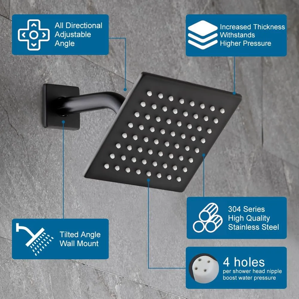 POP SANITARYWARE Matte Black Shower Faucet Set Rainfall 6 Inch Shower Head and Handle Set Bathroom Rain Shower System Wall Mounted Shower Fixture Include Shower Valve and Trim Kit
