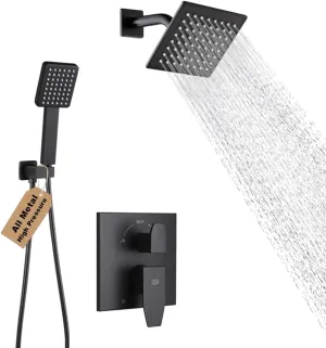POP SANITARYWARE Matte Black Shower Faucet Set Rainfall 6 Inch Shower Head and Handle Set Bathroom Rain Shower System Wall Mounted Shower Fixture Include Shower Valve and Trim Kit