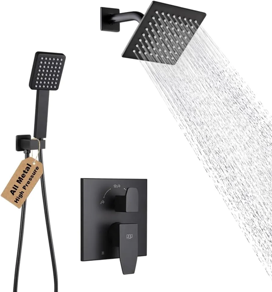 POP SANITARYWARE Matte Black Shower Faucet Set Rainfall 6 Inch Shower Head and Handle Set Bathroom Rain Shower System Wall Mounted Shower Fixture Include Shower Valve and Trim Kit
