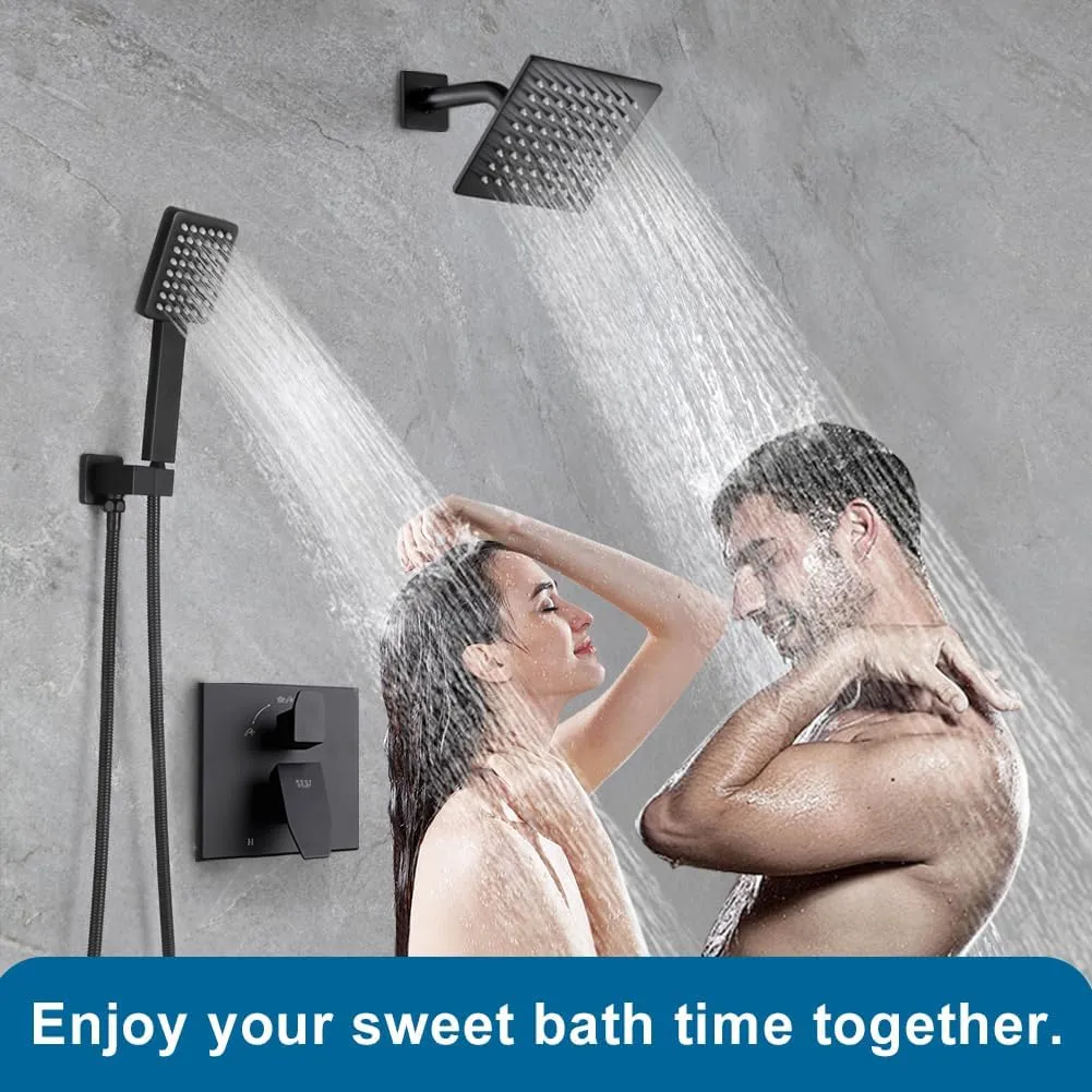 POP SANITARYWARE Matte Black Shower Faucet Set Rainfall 6 Inch Shower Head and Handle Set Bathroom Rain Shower System Wall Mounted Shower Fixture Include Shower Valve and Trim Kit