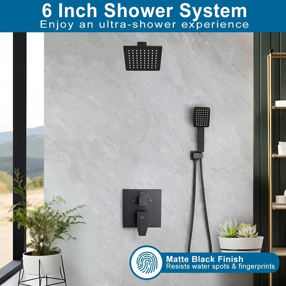 POP SANITARYWARE Matte Black Shower Faucet Set Rainfall 6 Inch Shower Head and Handle Set Bathroom Rain Shower System Wall Mounted Shower Fixture Include Shower Valve and Trim Kit
