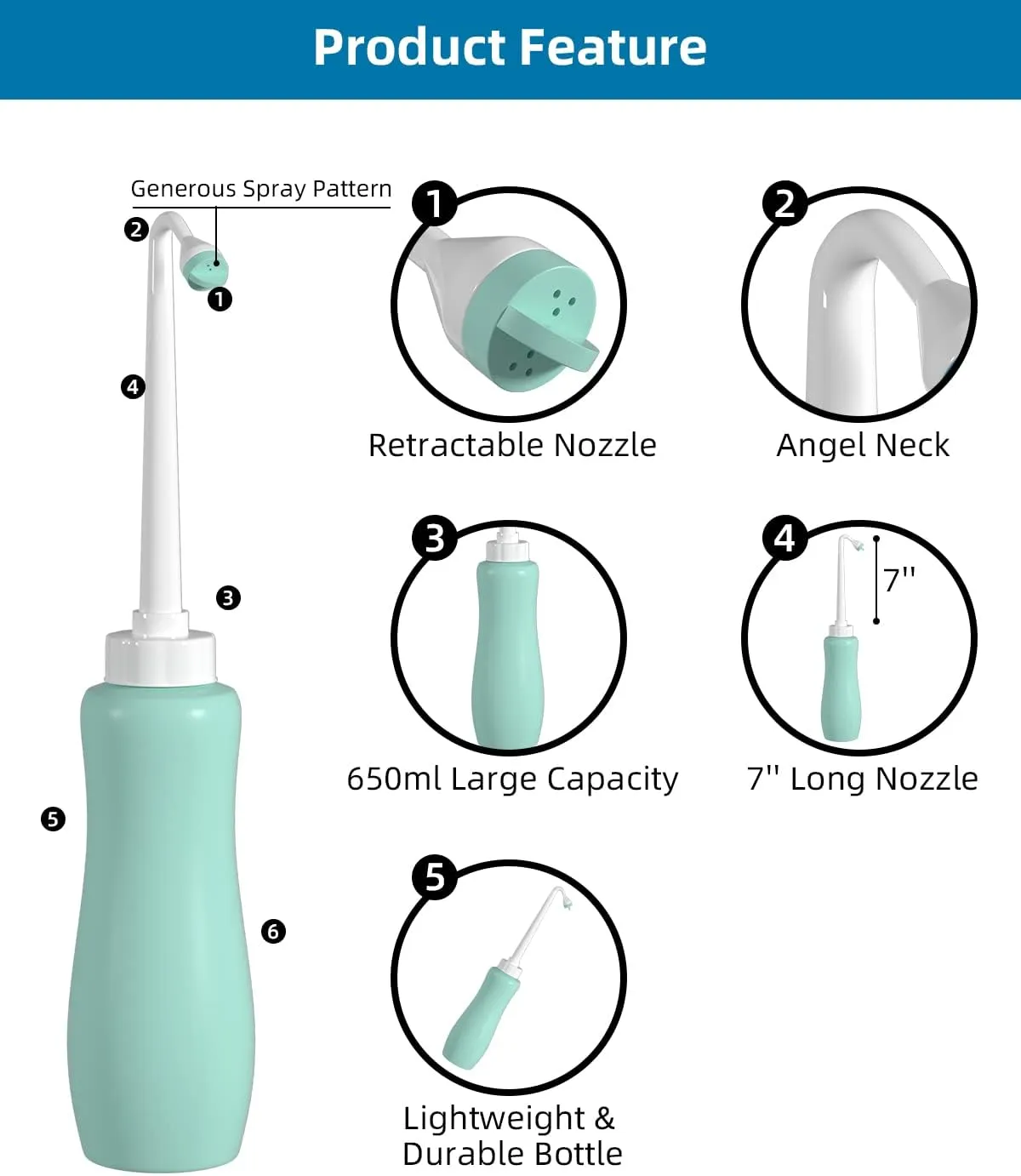 Portable Bidet for Toilet, Bidet Attachment,Handheld Personal Travel Bidet Parts 650ml Extra Long Pointed Nozzle Spray for Childbirth, Personal Hygiene, Outdoor, Camping with Travel Bag- 22oz/ Green