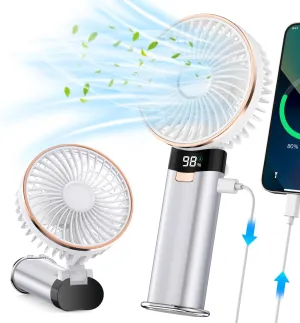 Portable Handheld Fan, 4 in 1 5200mAh USB Rechargeable Foldable Personal Hand Held Fan with Metal Handle, Power Bank, LED Display, 6 Speeds for Travel/Summer/Concerts/Lash