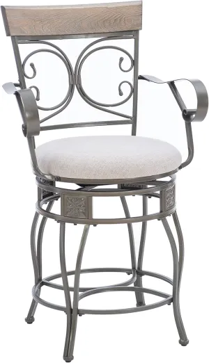 Powell Dayne Pewter Armed Big and Tall Swivel Counter Stool with Light Grey Upholstered Seat