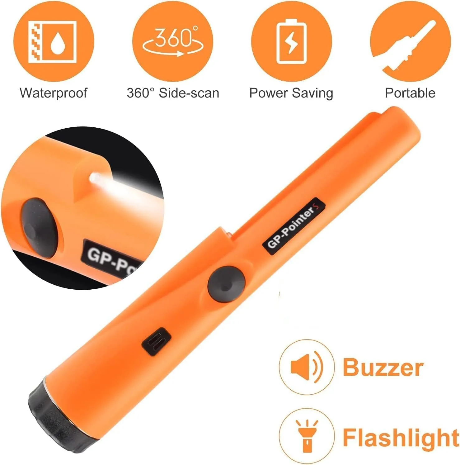 Pro GP-Pointers Metal Detector Pinpointer – Waterproof 360° High Accuracy Search Probe for Treasure Hunting, Professional Handheld Pinpointer Wand, with 9V Battery (Vibrant Orange)