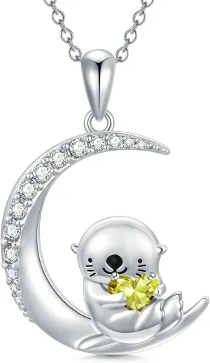 PROESS Animal Birthstone Necklace 925 Sterling Silver Otter/Axolotl/Hippo Pendant Necklace Animal Birthstone Jewelry Gifts for Women