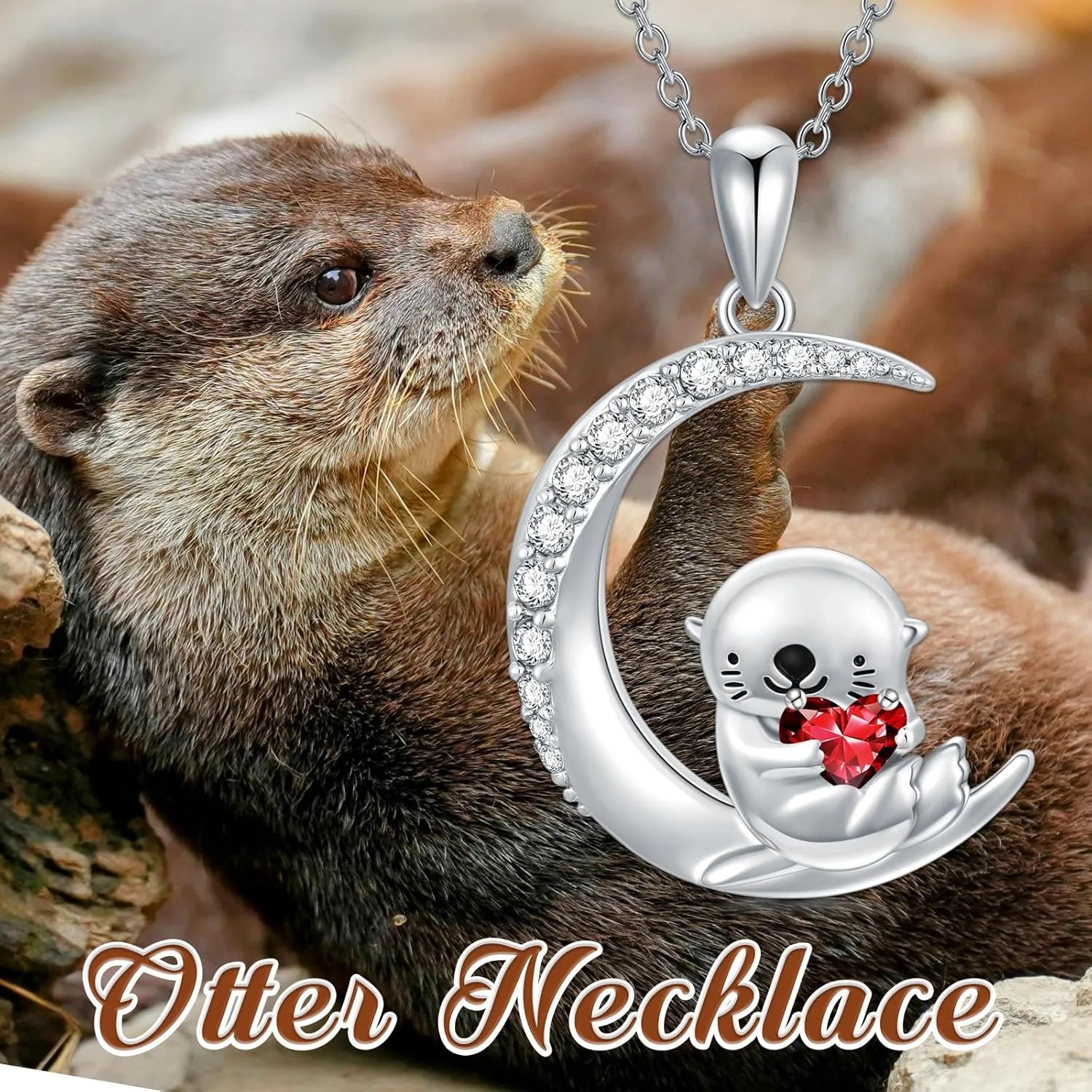 PROESS Animal Birthstone Necklace 925 Sterling Silver Otter/Axolotl/Hippo Pendant Necklace Animal Birthstone Jewelry Gifts for Women