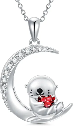 PROESS Animal Birthstone Necklace 925 Sterling Silver Otter/Axolotl/Hippo Pendant Necklace Animal Birthstone Jewelry Gifts for Women
