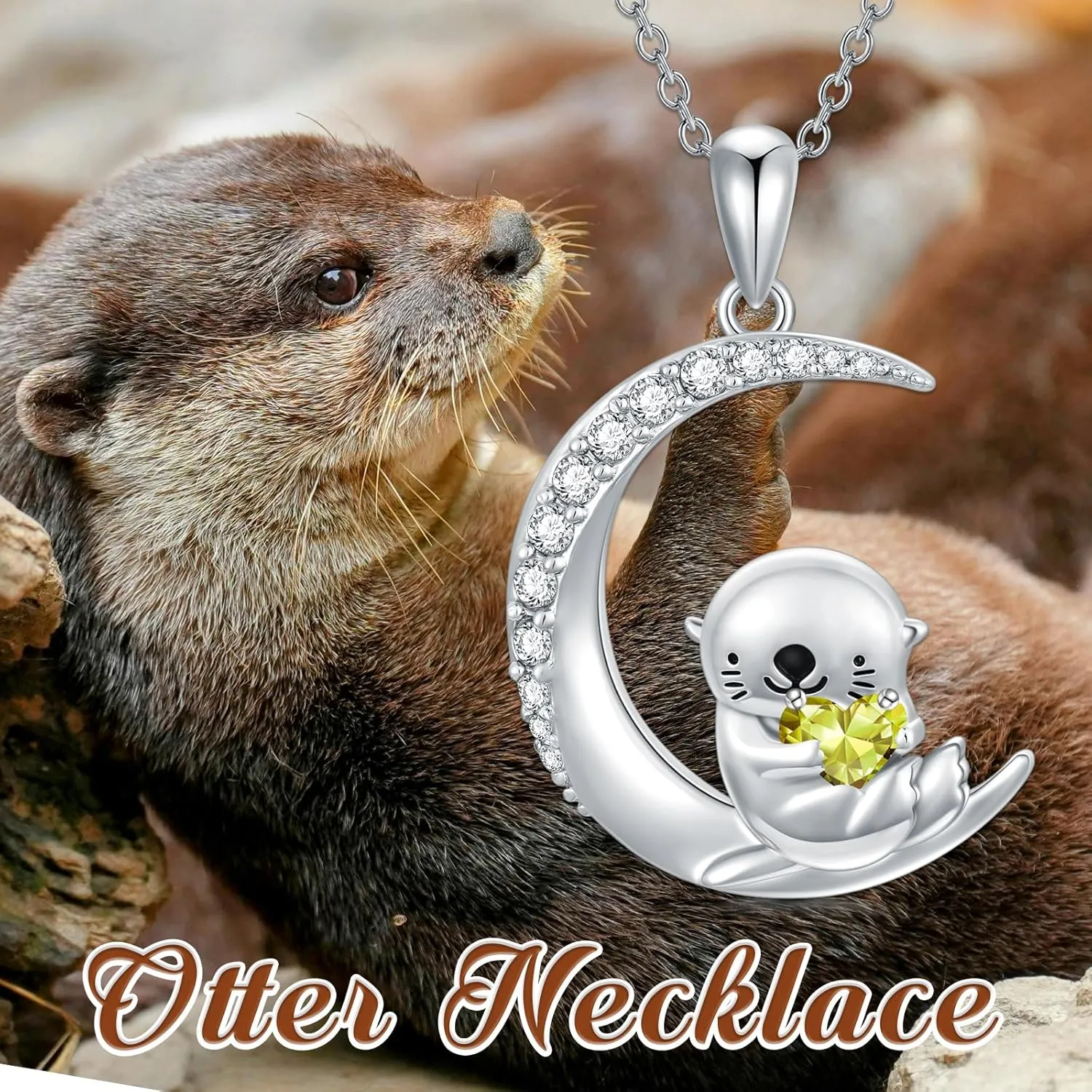 PROESS Animal Birthstone Necklace 925 Sterling Silver Otter/Axolotl/Hippo Pendant Necklace Animal Birthstone Jewelry Gifts for Women