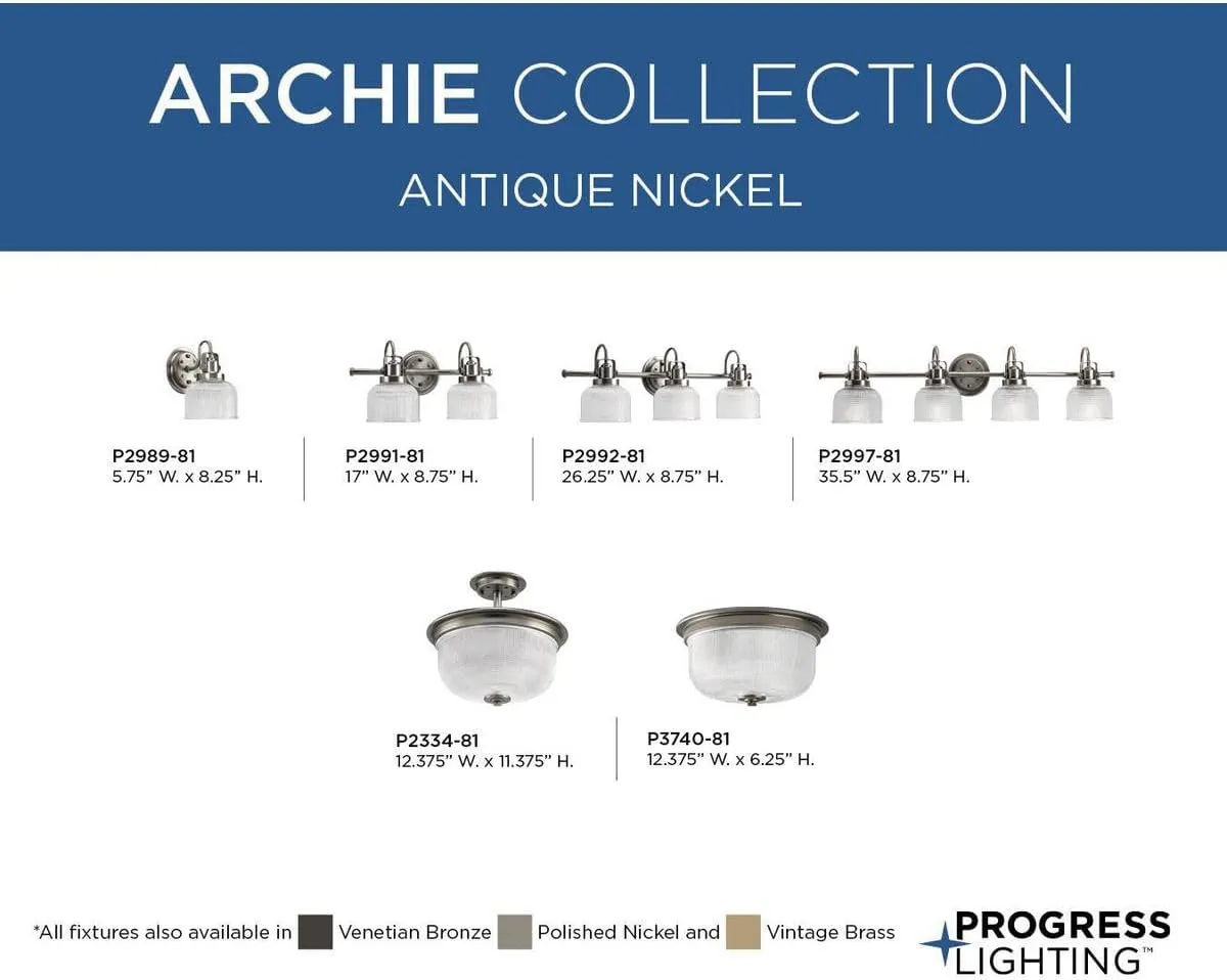 Progress Lighting P2992-81 Archie Collection Clear Double Prismatic Glass Coastal Bath Vanity, 3-Light, Antique Nickel