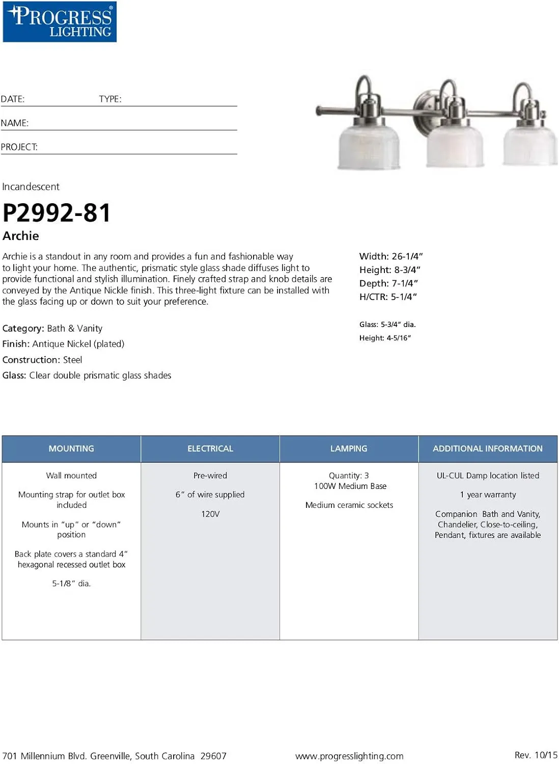 Progress Lighting P2992-81 Archie Collection Clear Double Prismatic Glass Coastal Bath Vanity, 3-Light, Antique Nickel