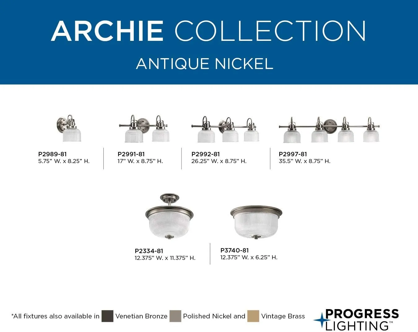 Progress Lighting P2992-81 Archie Collection Clear Double Prismatic Glass Coastal Bath Vanity, 3-Light, Antique Nickel