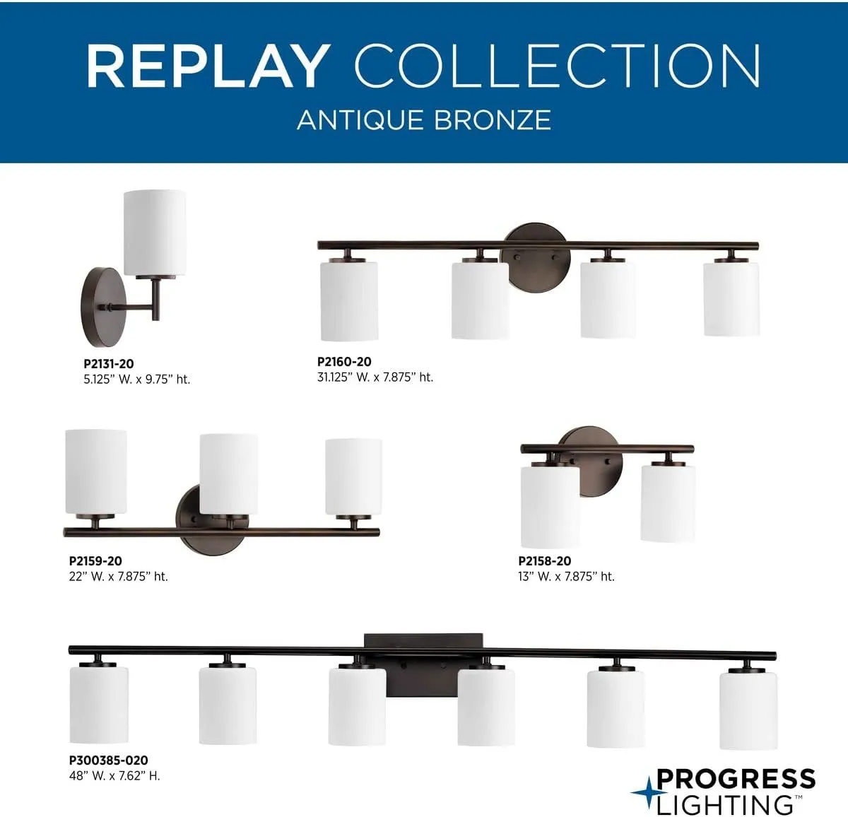 Progress Lighting Replay Collection 1-Light Etched White Glass Modern Bath Vanity Light Antique Bronze