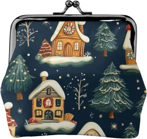 Pu Leather Buckle Coin Purse Chirstmas-Gingerbread-Houses Girls Kiss-Lock Change Purse Wallets