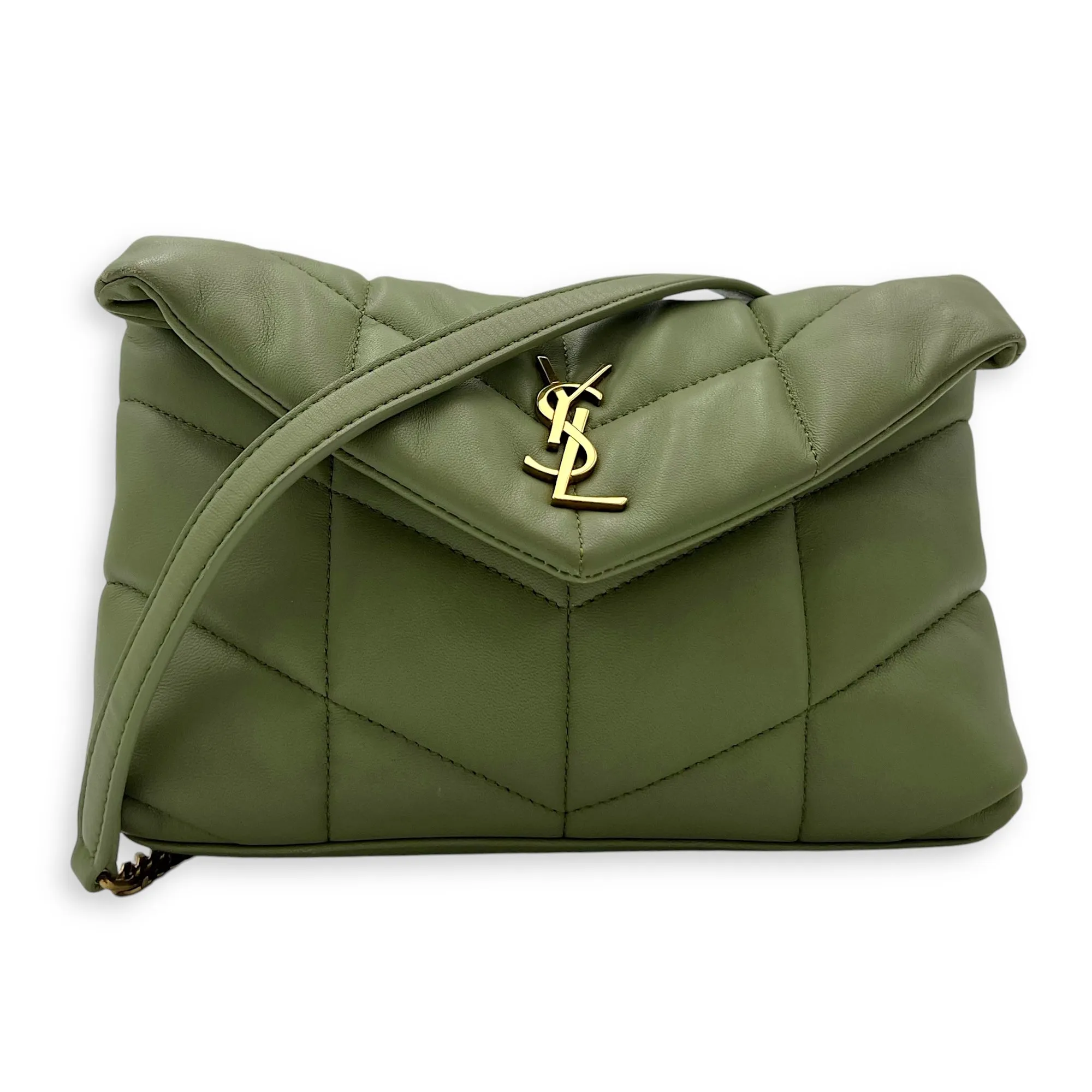 Puffer Mini Green Crossbody Bag in Lambskin, Gold hardware
