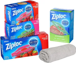 PURPUR Microfiber Cloth Variety Food Storage Bag Pack, 347 Bags Total - Gallon, Quart, Snack, Sandwich Sizes - Stay Open Design, Grip n' Seal, Reusable, Plastic and Microfiber Construction, Pink